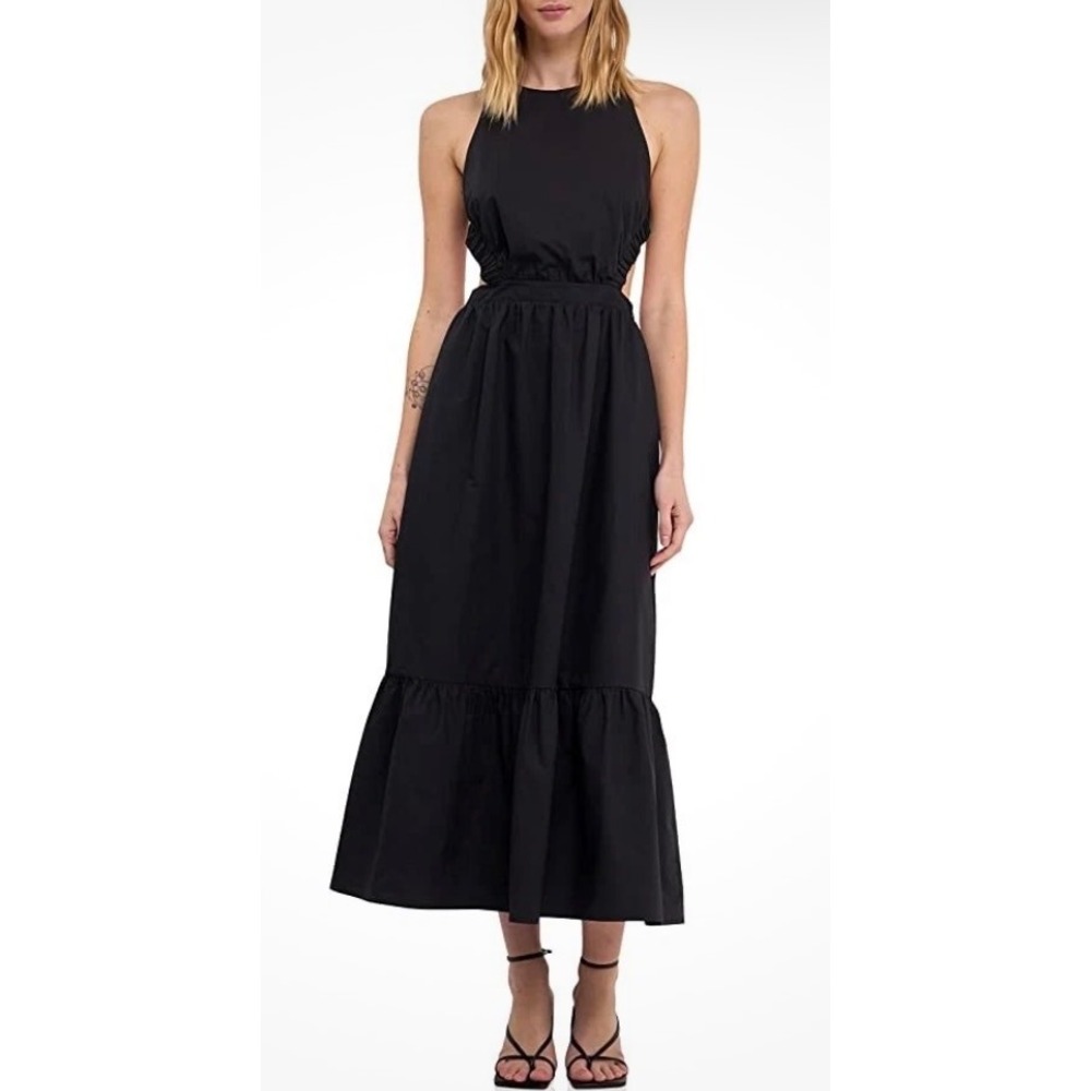 English Factory Dress Black Open Back Crisscross Strap Tiered Midi Small NEW